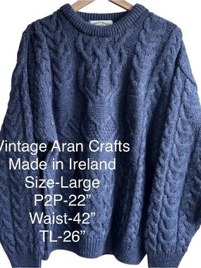 Vintage Aran Crafts Navy Blue 100% Wool Cable Knit Mens (L) or Womens(XL)